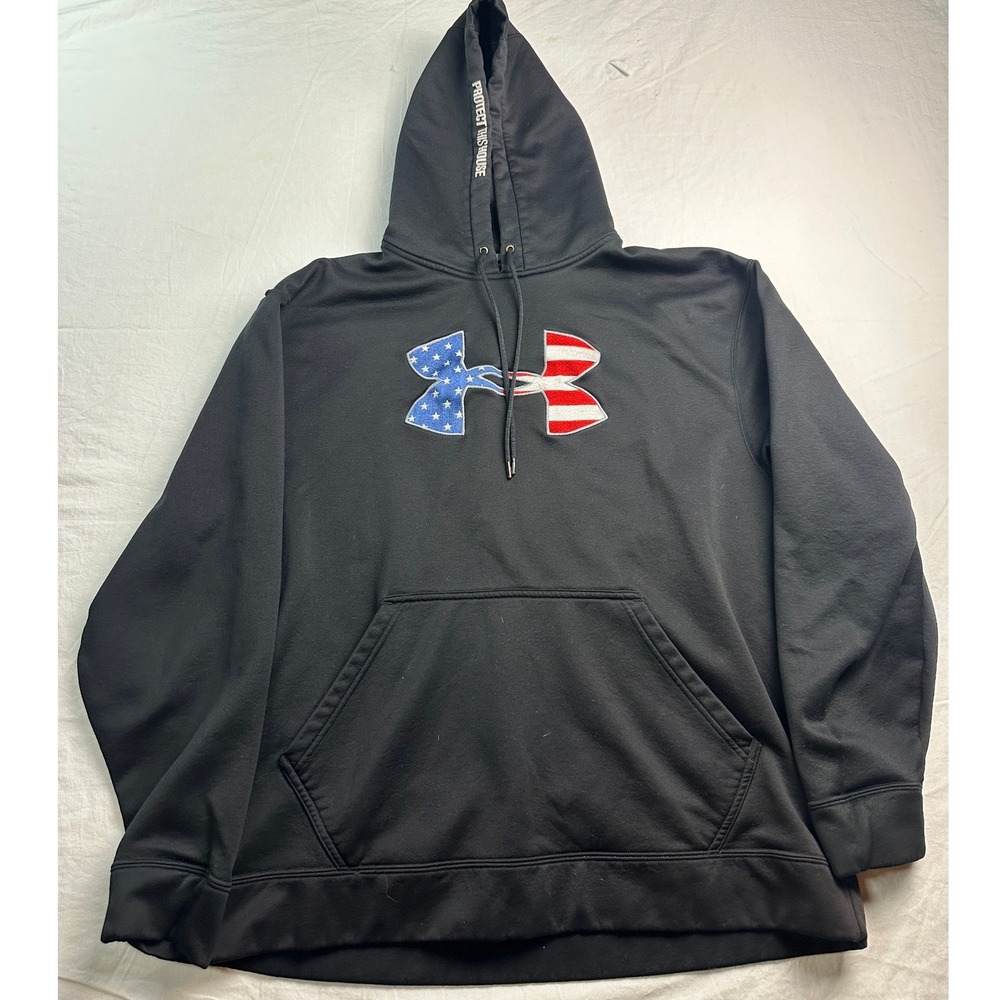 Under Armour Mens Black American Flag Logo Fleece Hoodie Large AA-6